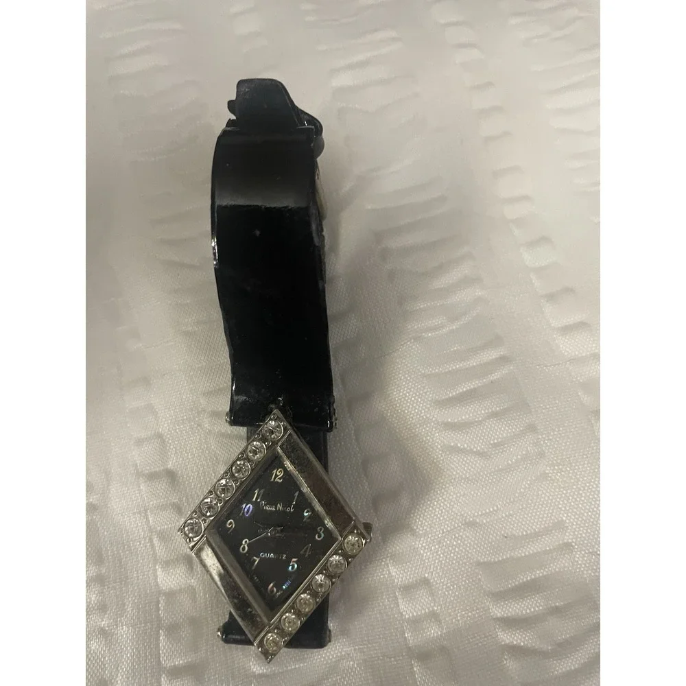 Pierre Nicol Womens Diamond Shape Rhinestone Silver Quartz Watch Leather Strap